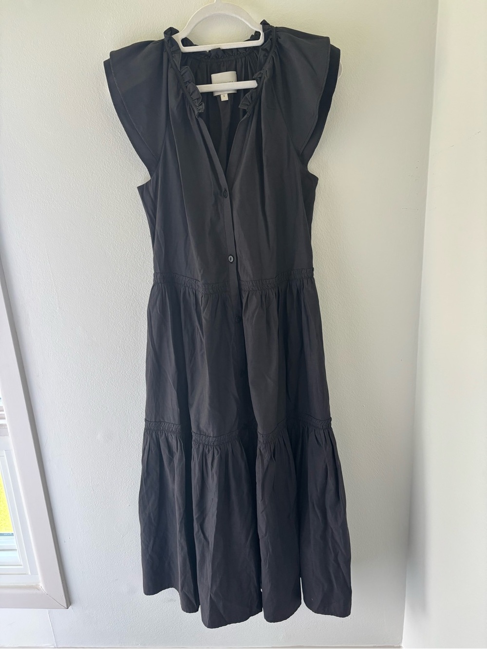 Brochu Walker Black Tiered Midi Dress with Ruffle Neck